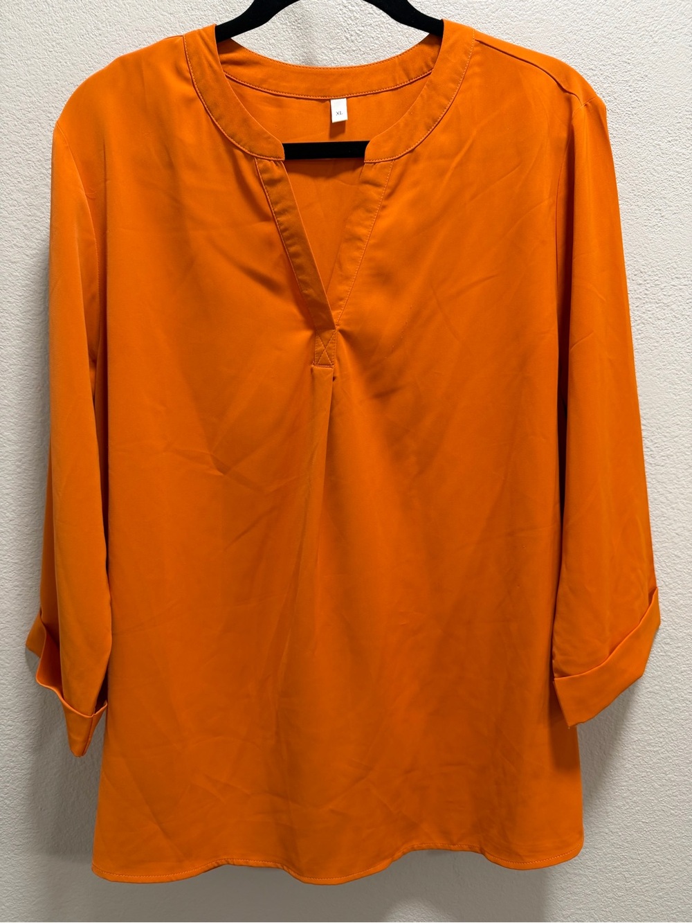 Women's Split-Neck Orange Blouse with Roll-Tab Sleeves